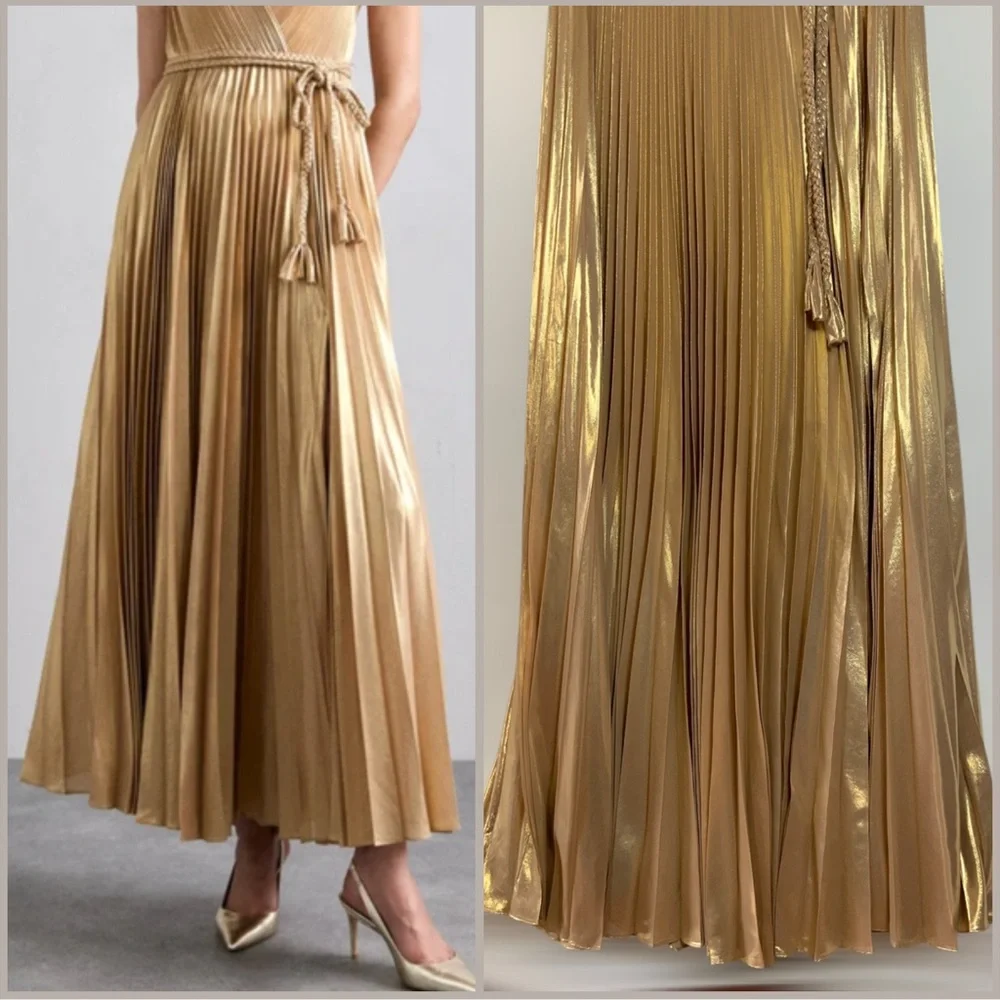 Alice + Olivia Tresa Pleated Gold Maxi Dress Size 12 New with Tags - Picture 4 of 10